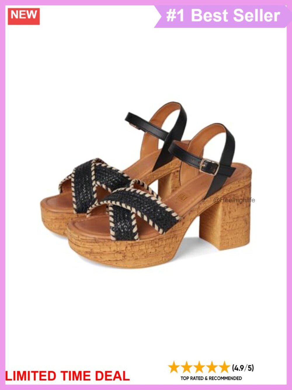 Woven Raffia Platform Sandal with Ankle Strap and Cork Heel